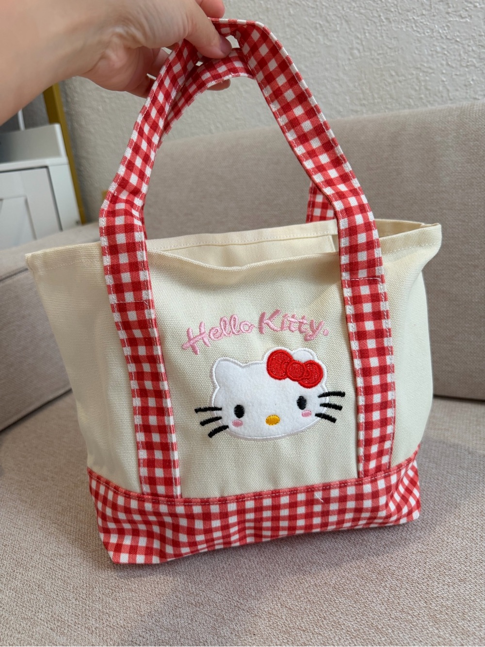 Hello Kitty Cream Canvas Tote with Red Gingham Trim